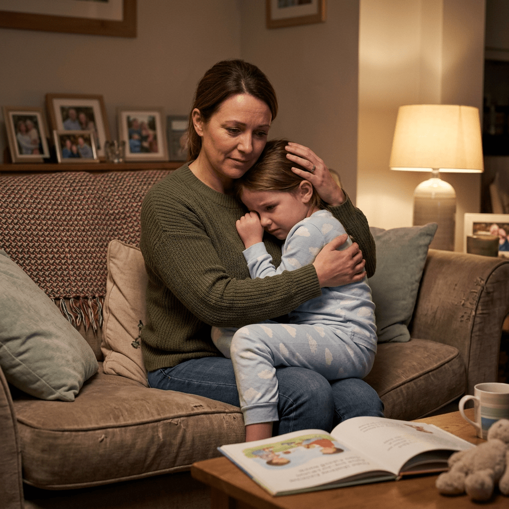 Mother embracing and soothing crying child on living room couch