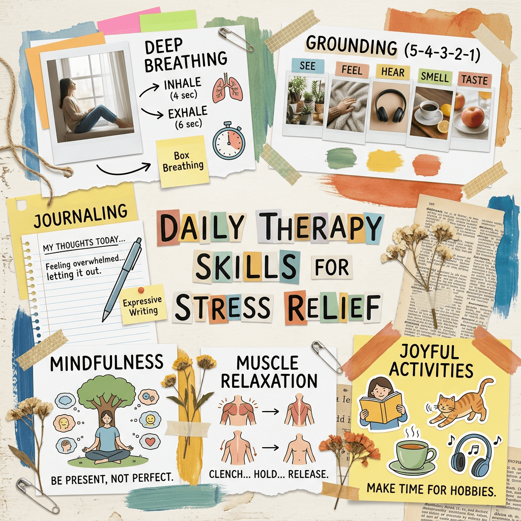 Infographic with daily therapy skills for stress relief including deep breathing, grounding, journaling, mindfulness, muscle relaxation, and joyful activities