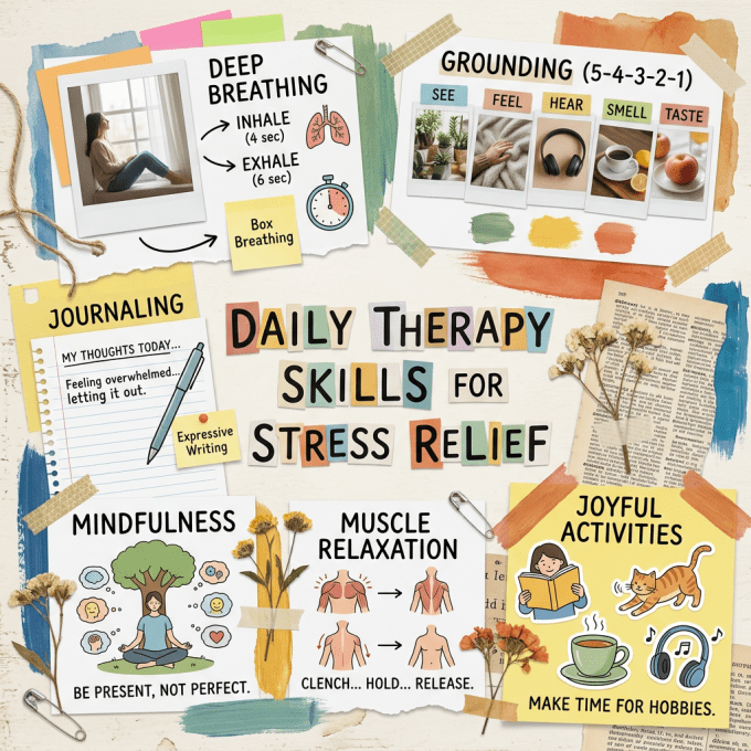 Infographic with daily therapy skills for stress relief including deep breathing, grounding, journaling, mindfulness, muscle relaxation, and joyful activities