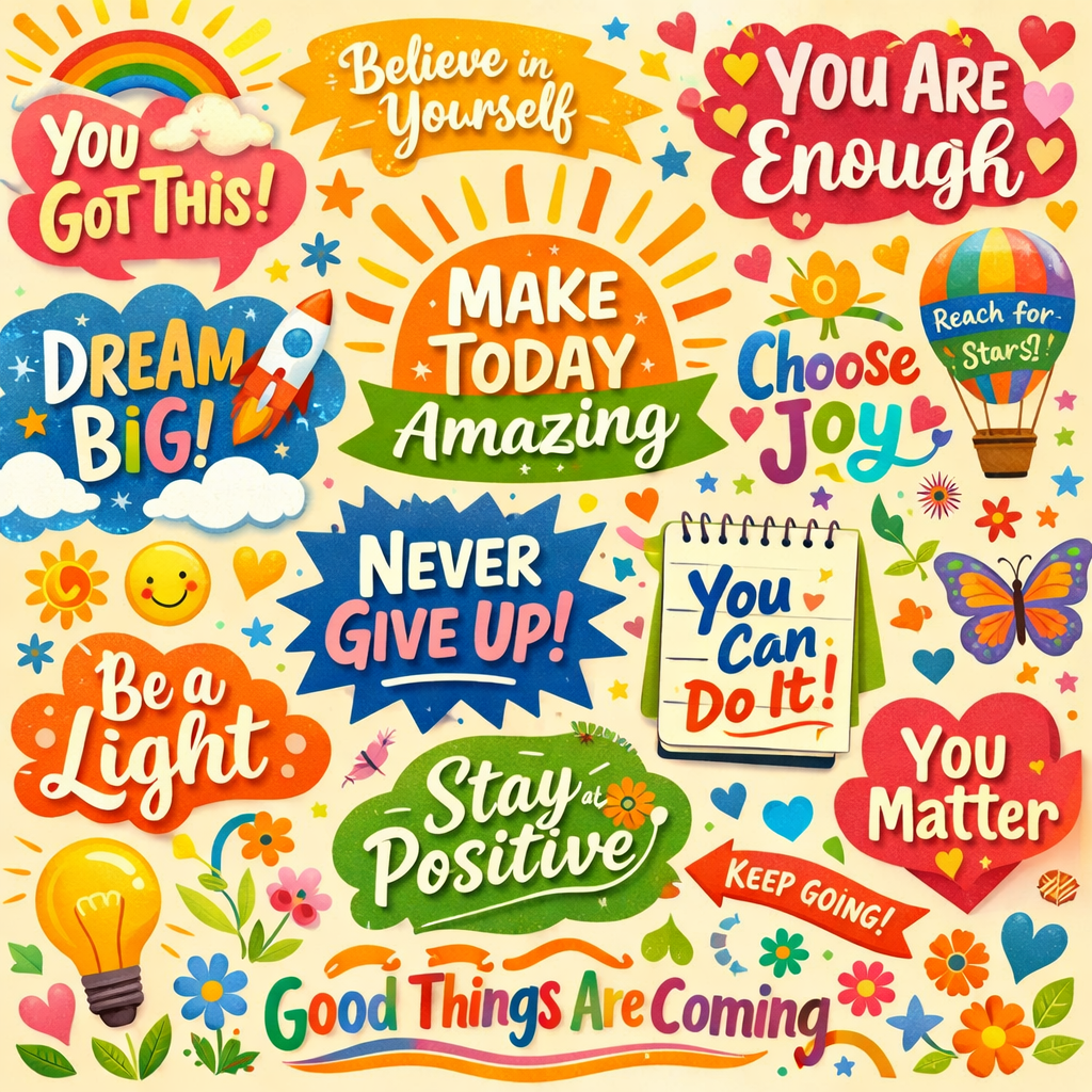 Various colorful motivational quotes including 'You Got This!', 'Believe in Yourself', 'Make Today Amazing', 'Never Give Up!', and more