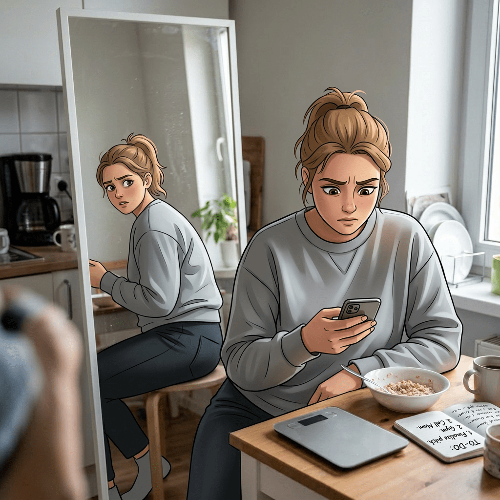 Woman sitting at kitchen table looking at phone with concerned expression