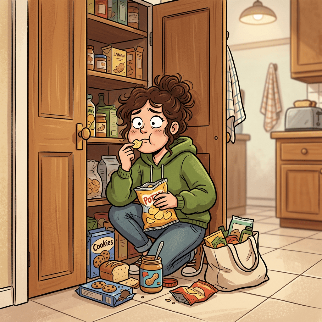 A woman sitting on the kitchen floor snacking from a bag of potato chips next to groceries and an open pantry door