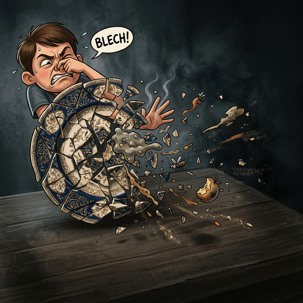 Fragmented antique ceramic plate breaking apart against dark background