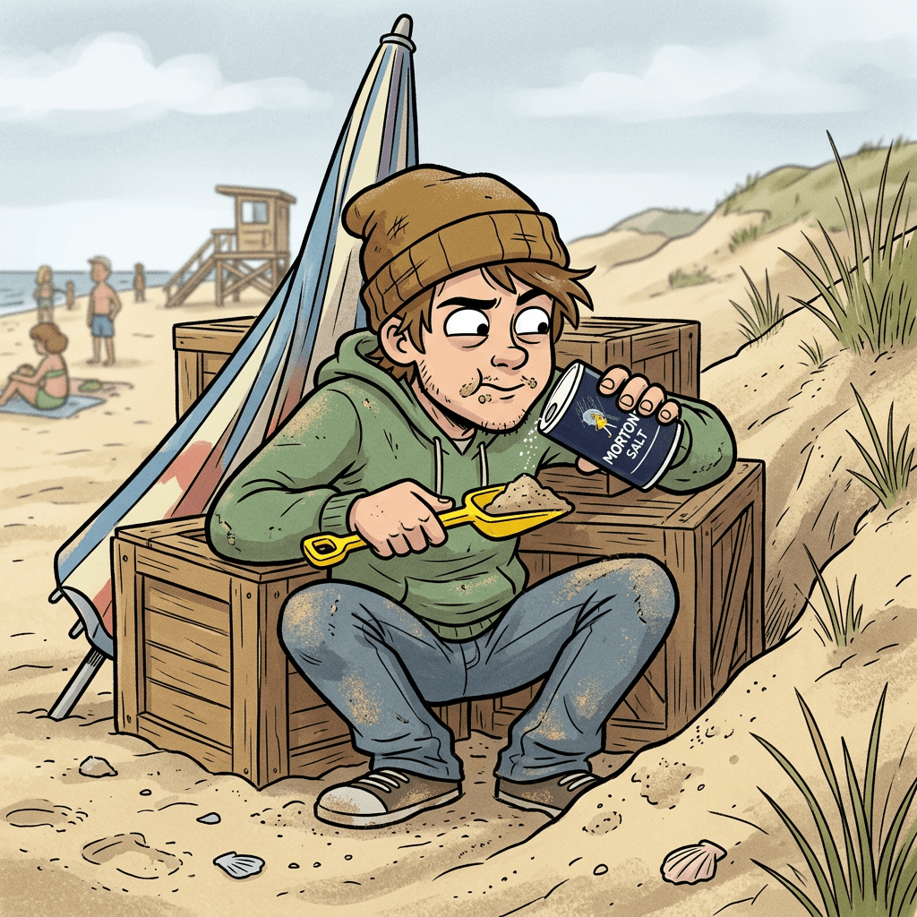 Boy in beanie pouring salt onto sand with a yellow shovel at the beach