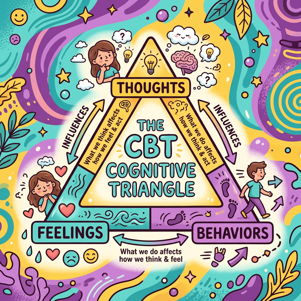 CBT cognitive triangle showing thoughts, feelings, and behaviors influencing each other