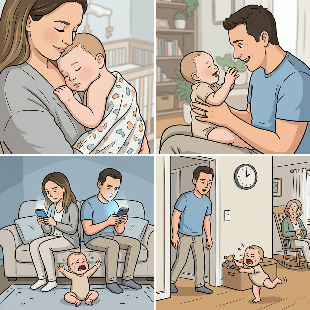 Mother holding sleeping baby, father playing with baby, parents reading to baby, grandmother holding baby in rocking chair