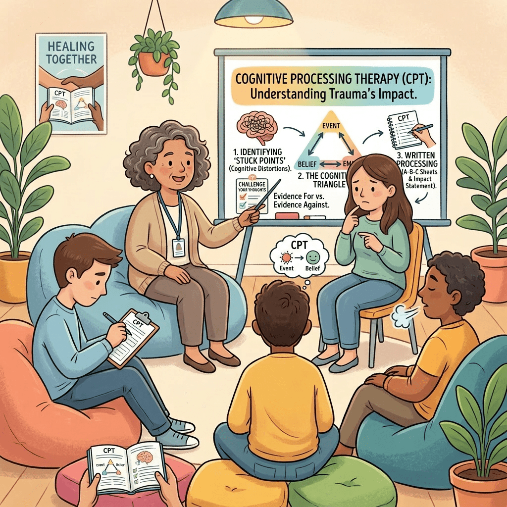 Children and adult in a group session learning emotional regulation techniques