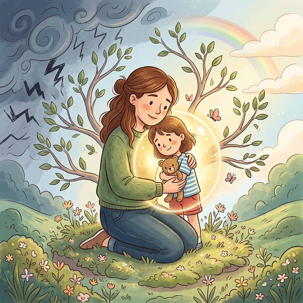 Mother hugging child holding teddy bear inside glowing protective bubble with storm clouds and rainbow outside