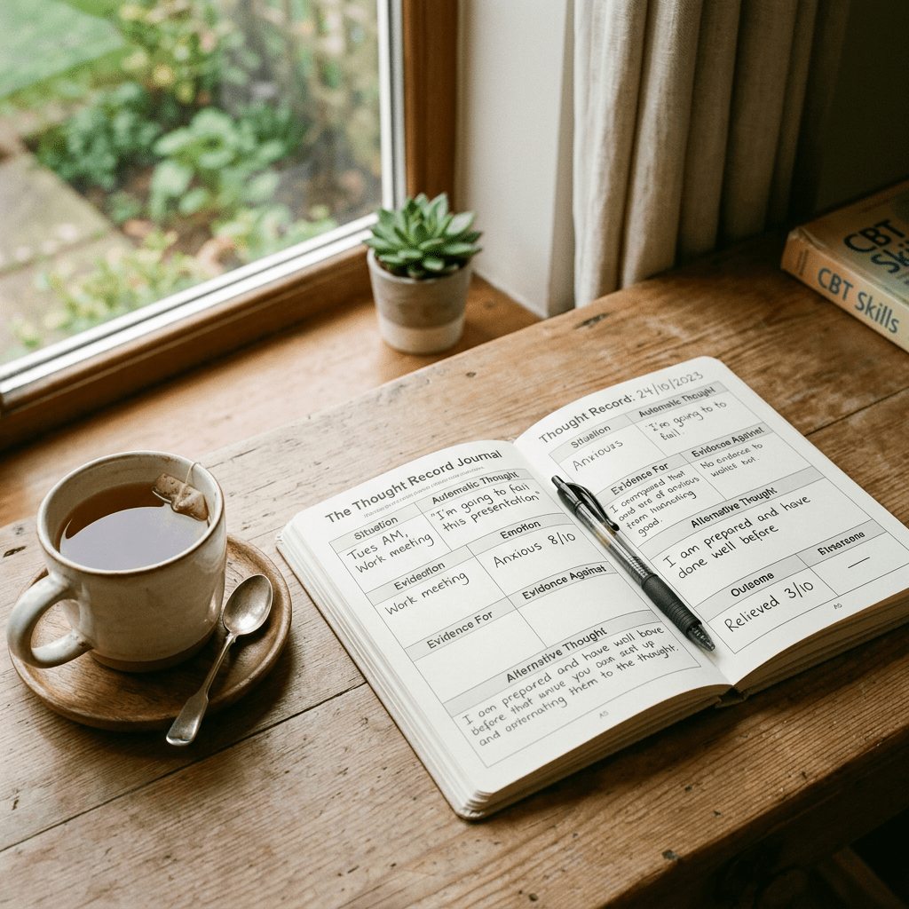 Open cognitive behavioral therapy thought record journal with pen on wooden table