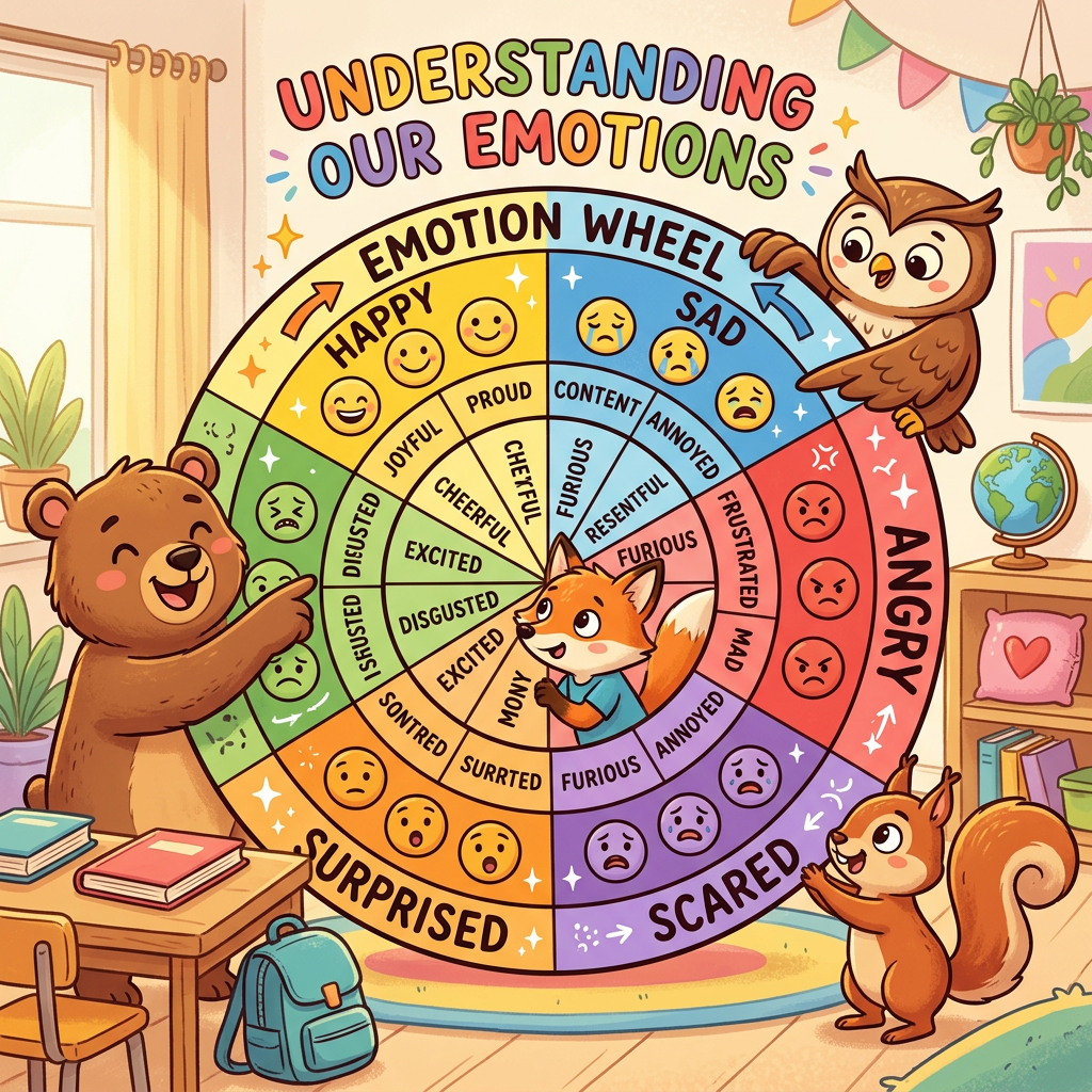 Emotion wheel with happy, sad, angry, scared, surprised, and disgusted emotions illustrated with emojis and words.