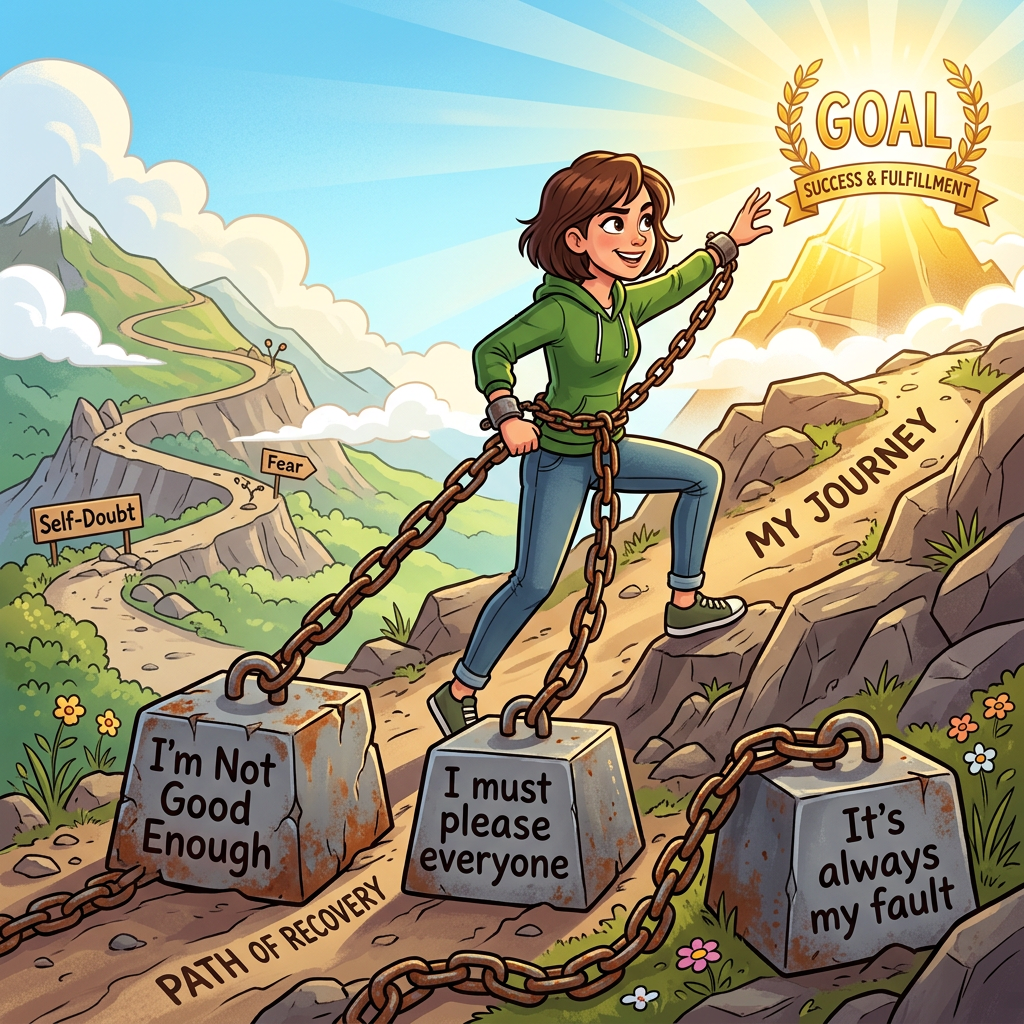 Person climbing path labeled 'My Journey' breaking chains tied to heavy blocks with negative phrases