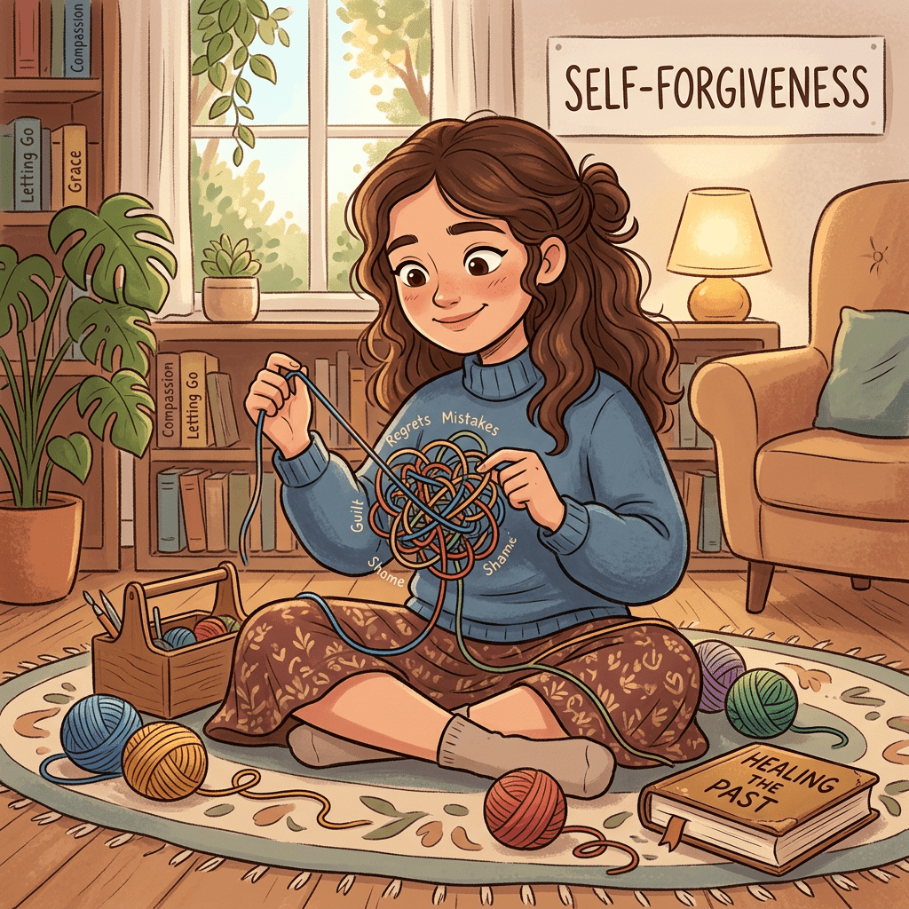 Woman sitting cross-legged untangling yarn labeled with guilt, regrets, mistakes, shame, and sorrow under a self-forgiveness sign