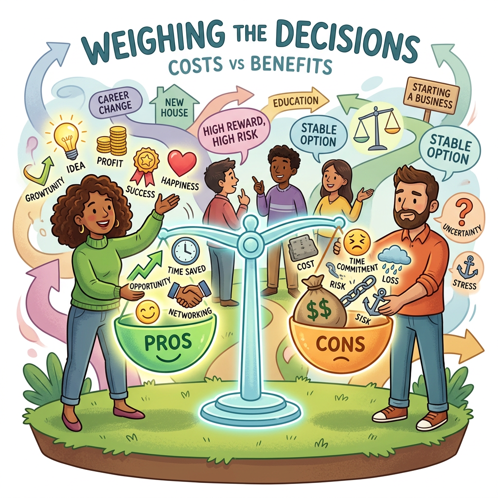 Illustration of people weighing pros and cons on a balance scale with symbols for benefits and risks