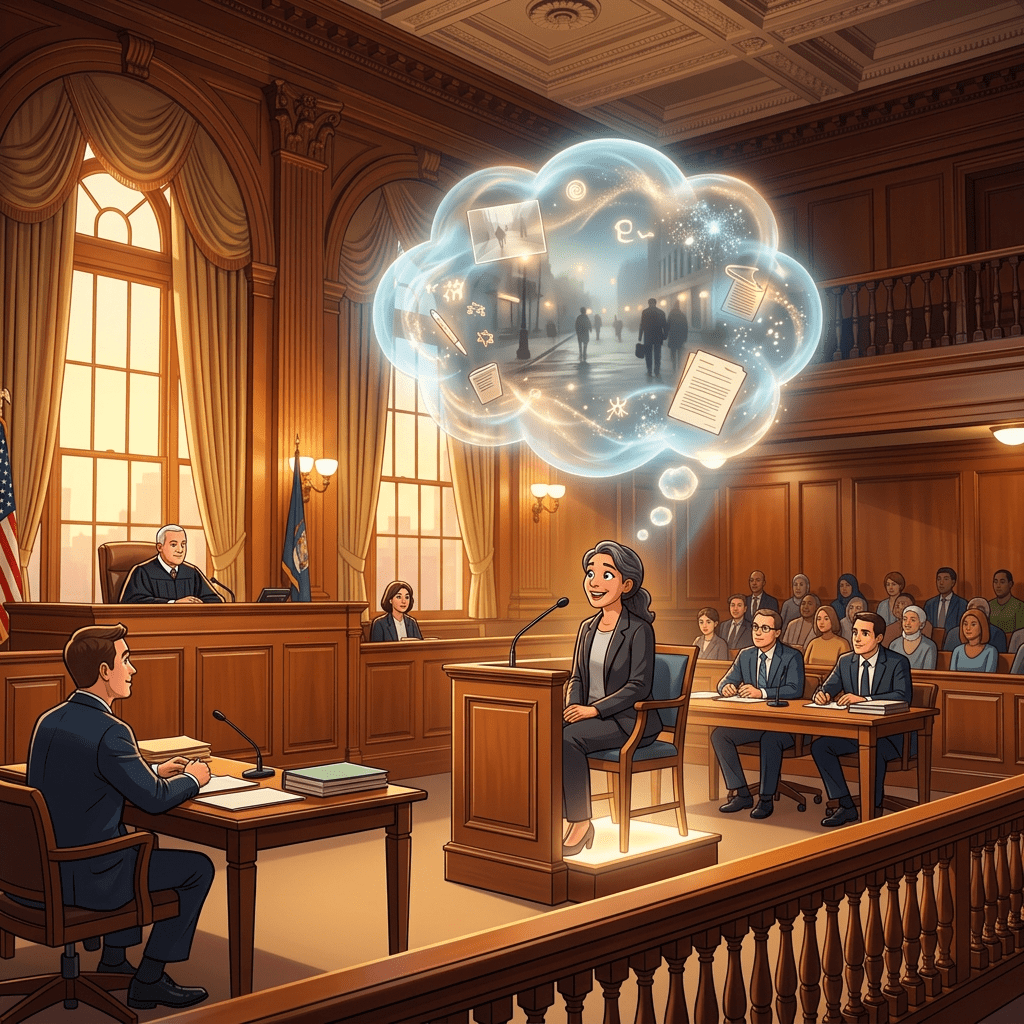 Witness sitting at a stand in a courtroom, visualizing memories as glowing images above her head.