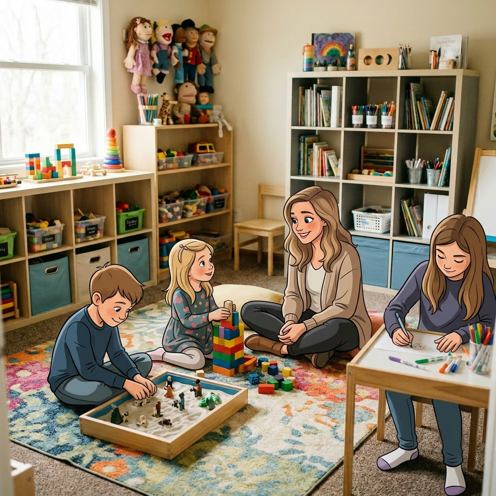Children playing and drawing with teacher in early childhood classroom