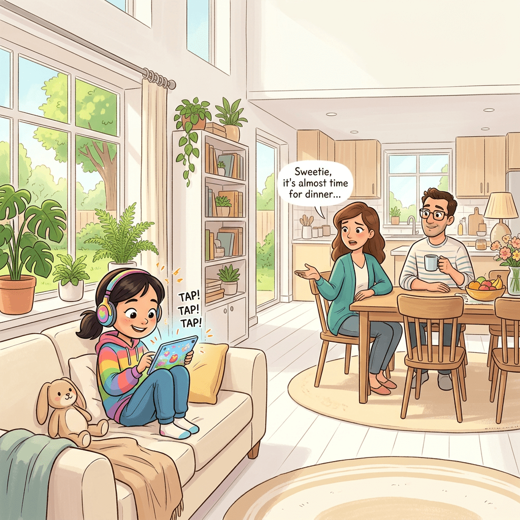 A girl playing a tablet on a couch with headphones while her mother says it's almost dinner time and father watches.