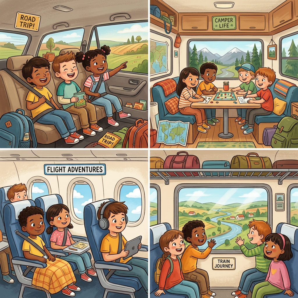 Children traveling by car, camper, airplane, and train engaging in activities.