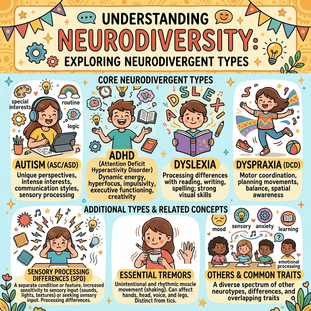 Illustration depicting various neurodivergent types including autism, ADHD, dyslexia, dyspraxia, dysgraphia, dyscalculia, and common traits.