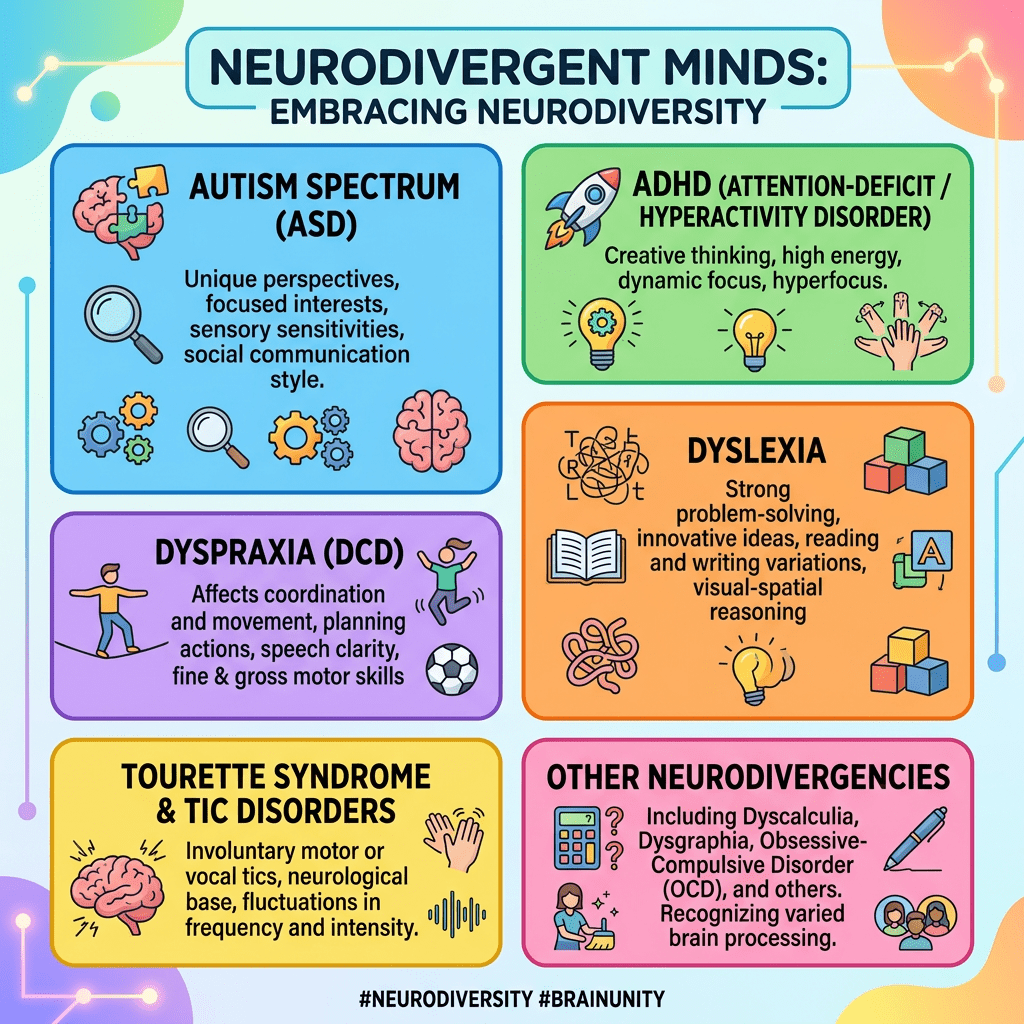 Neurodivergent minds infographic six labeled spaces