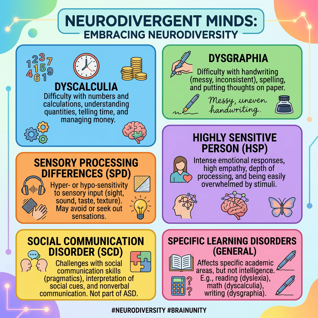 Six labeled spaces with specified neurodivergent terms
