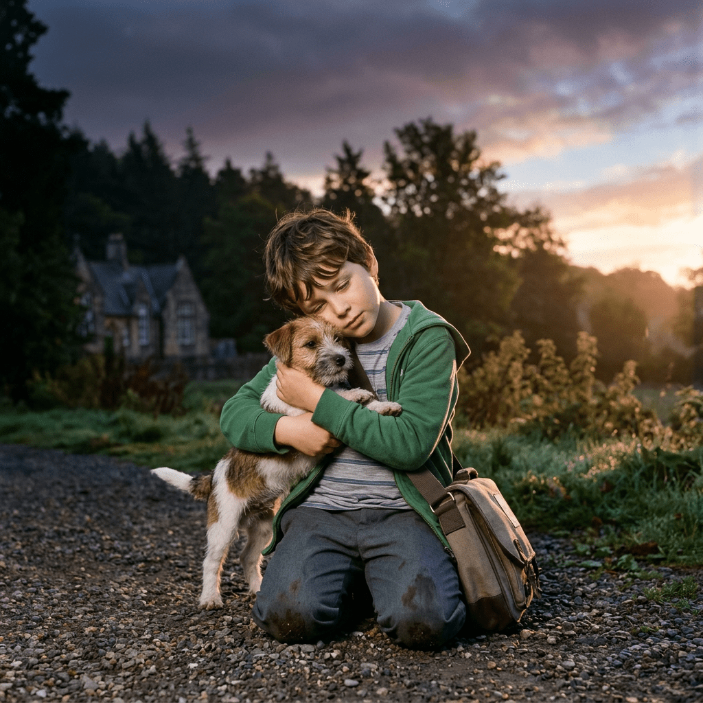 Young boy kneeling on gravel path hugging a small puppy outdoors