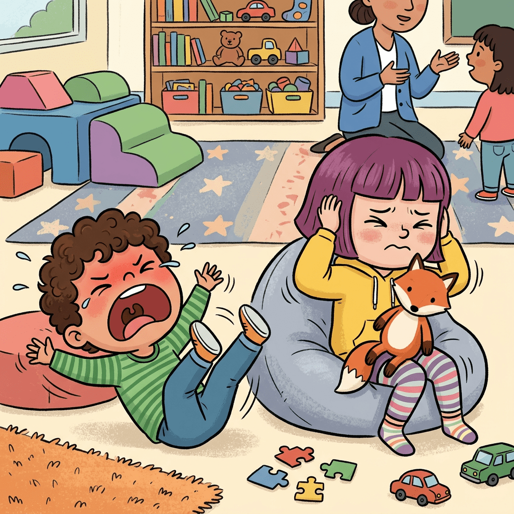 Crying boy lying on floor and upset girl covering ears holding stuffed fox in classroom
