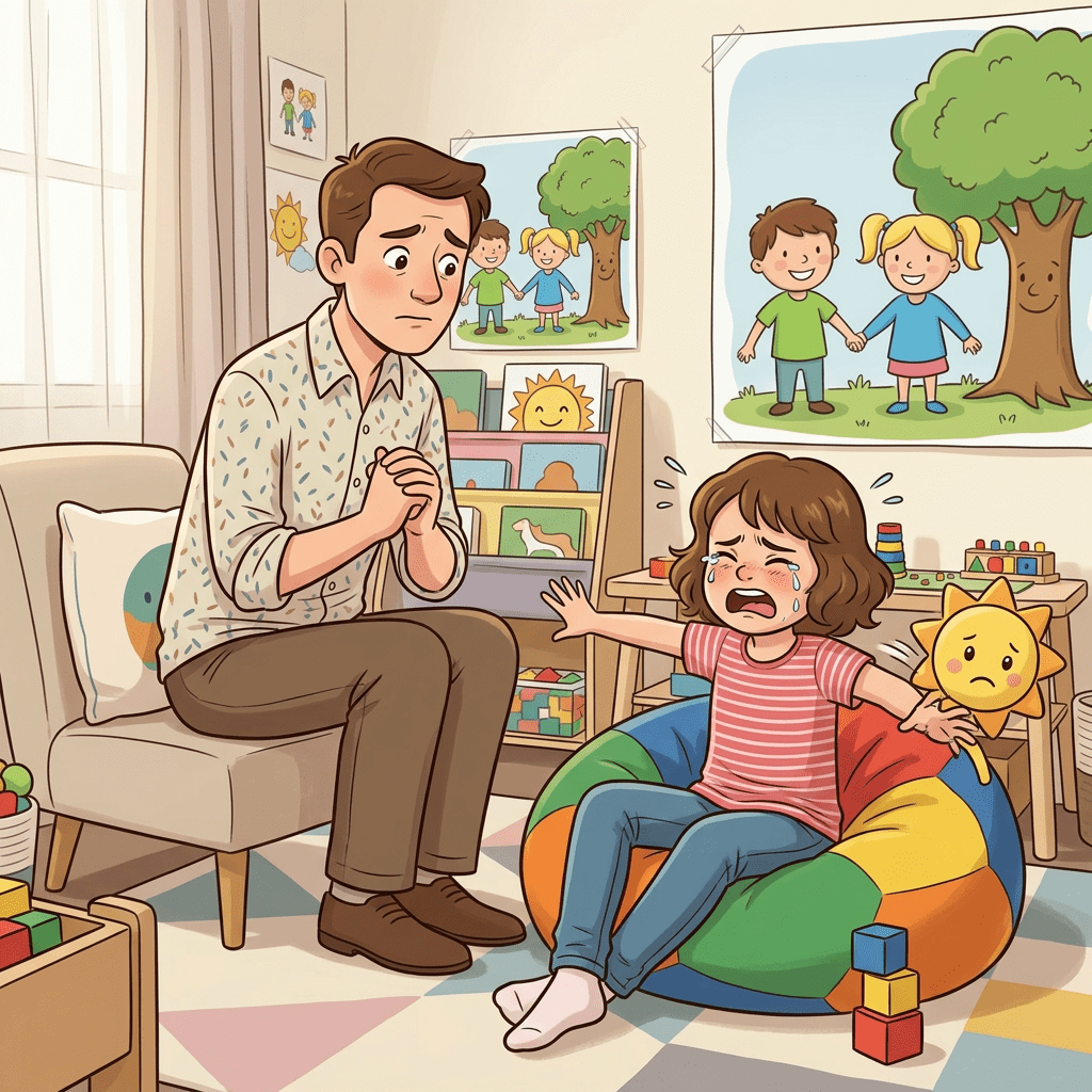 Crying girl sitting on a colorful beanbag and a worried man sitting on a chair in a playroom