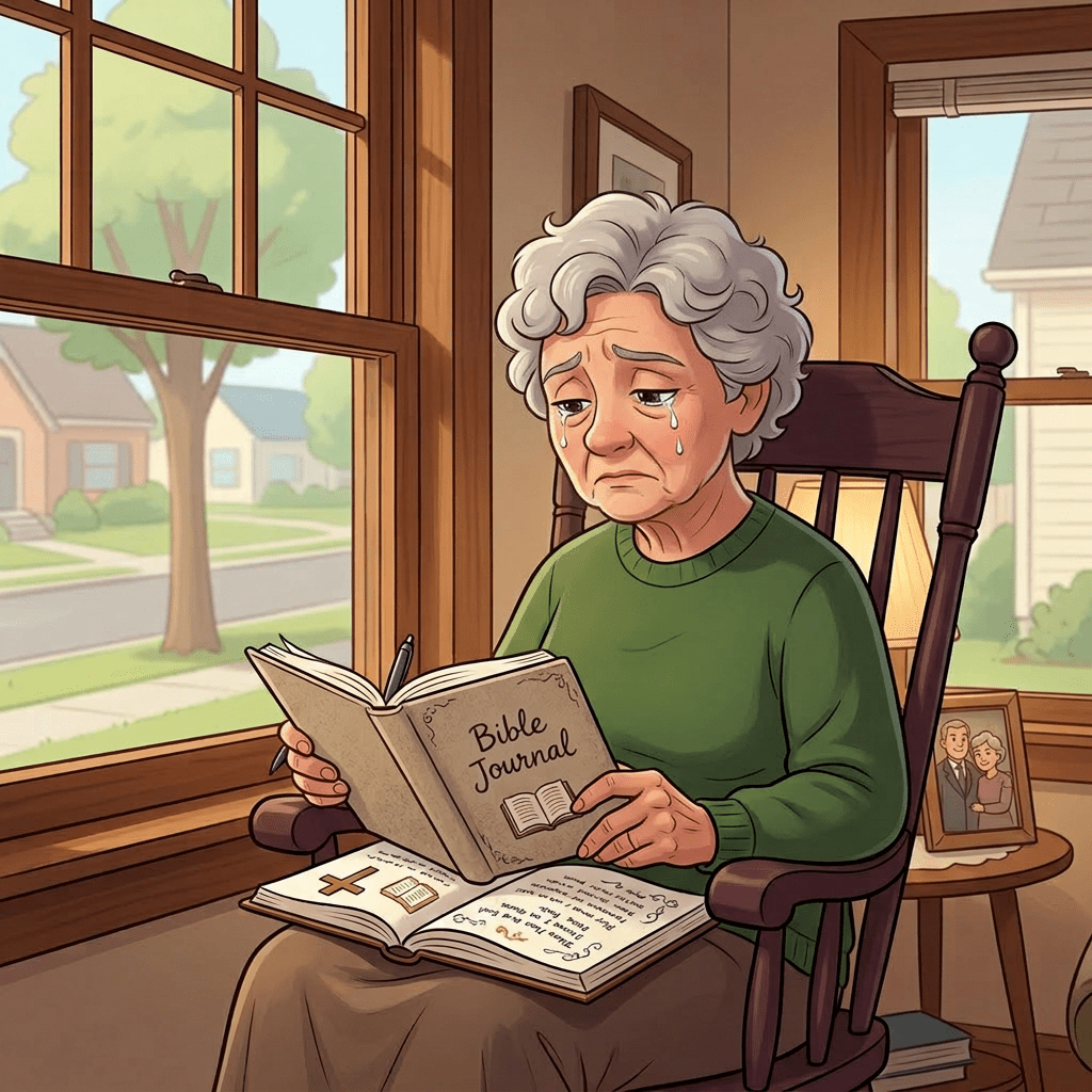 Elderly woman standing indoors looking out a rainy window with a sad expression