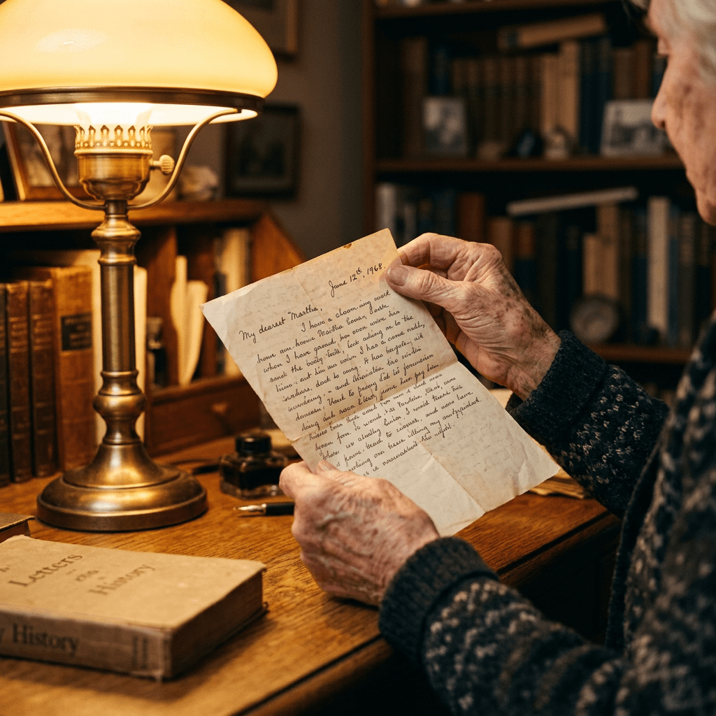Elderly hands holding a handwritten letter dated January 12, 1968, near a desk lamp and old books