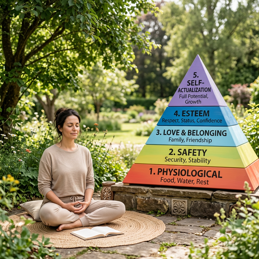 Woman meditating next to Maslow's hierarchy of needs pyramid outdoors