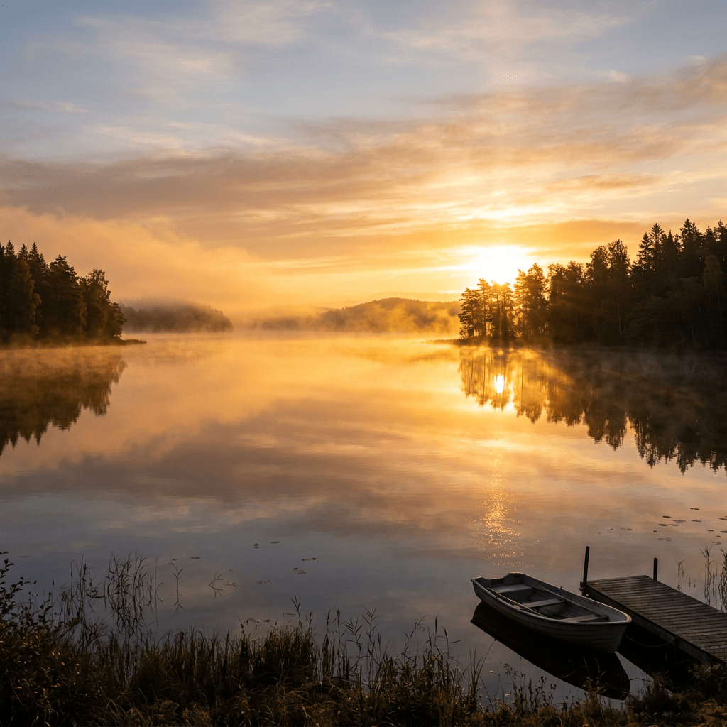Calm lake with mist, trees reflecting in water, sunrise glowing behind trees, small boat moored at wooden dock