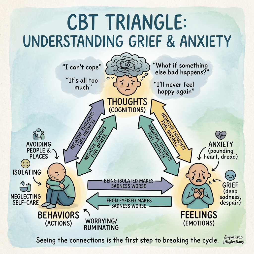 Diagram illustrating the CBT triangle with thoughts, feelings, and behaviors connected to grief and anxiety