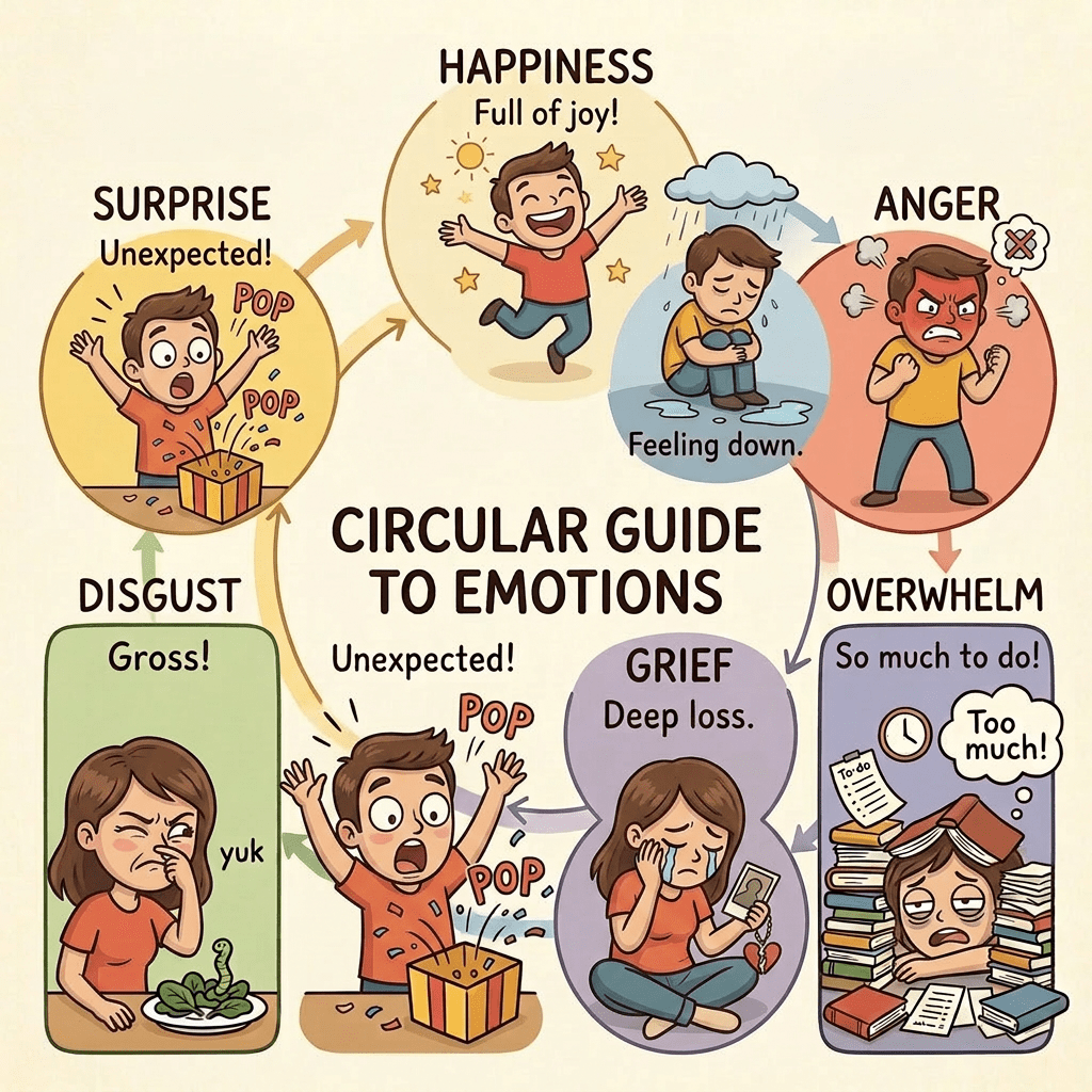 Illustrations depicting happiness, sadness, anger, fear, disgust, surprise, grief, and overwhelm with cartoon figures and labels