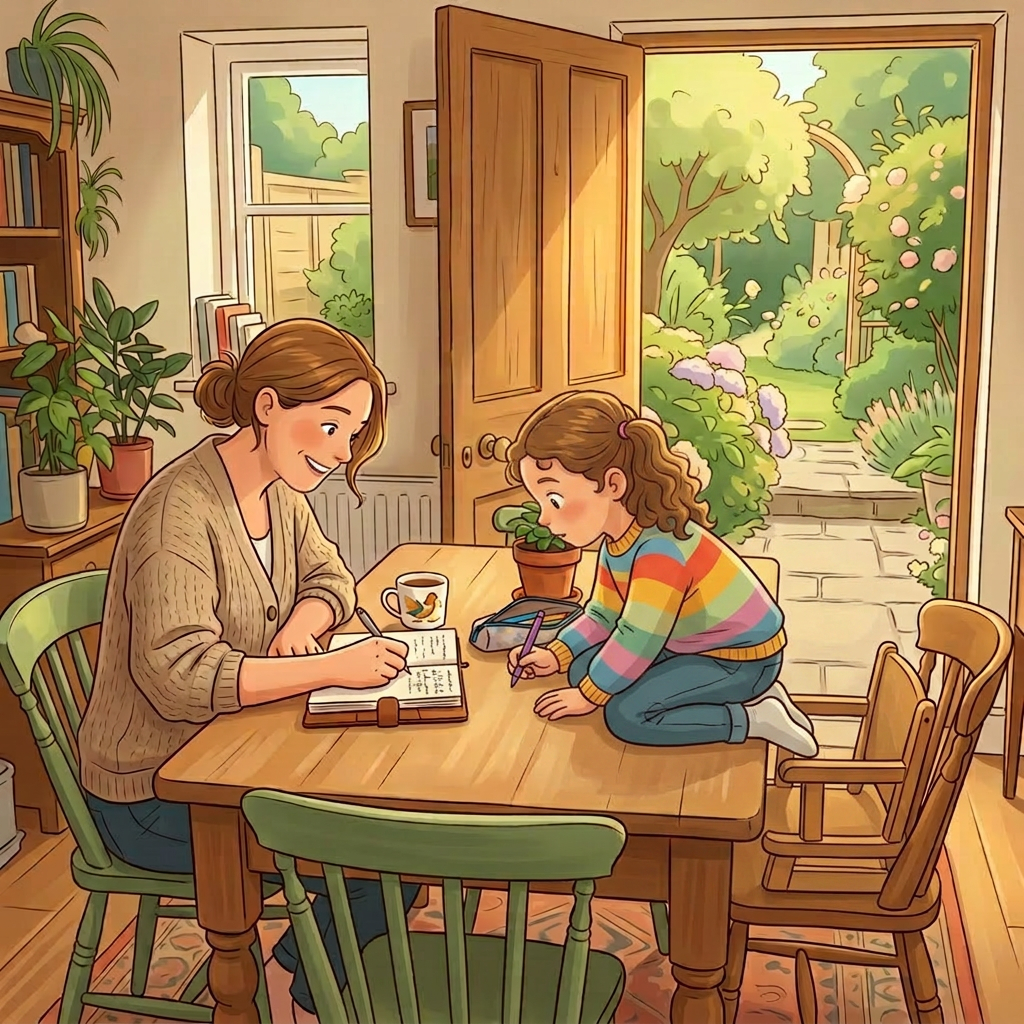 Mother and daughter sitting at a wooden table drawing and writing with art supplies and books