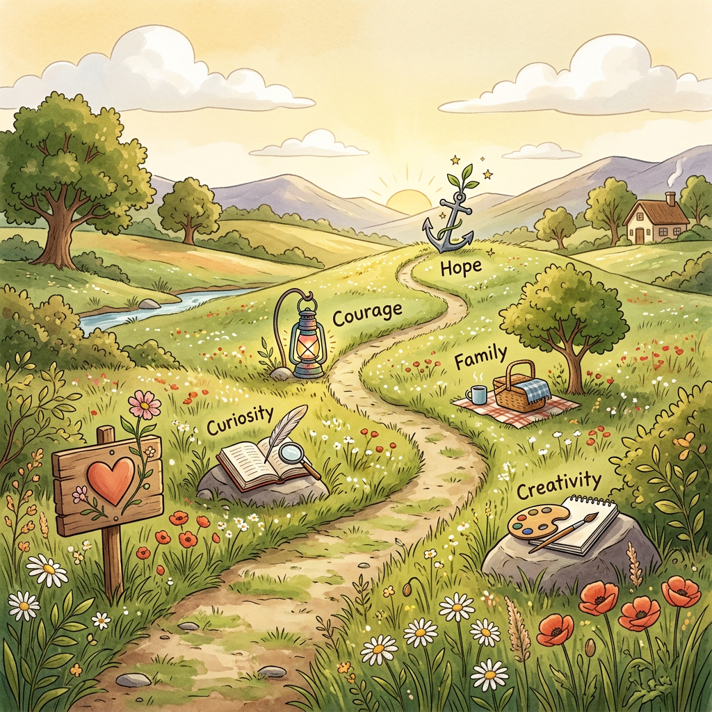 Illustrated countryside path labeled Courage, Hope, Family, Curiosity, and Creativity