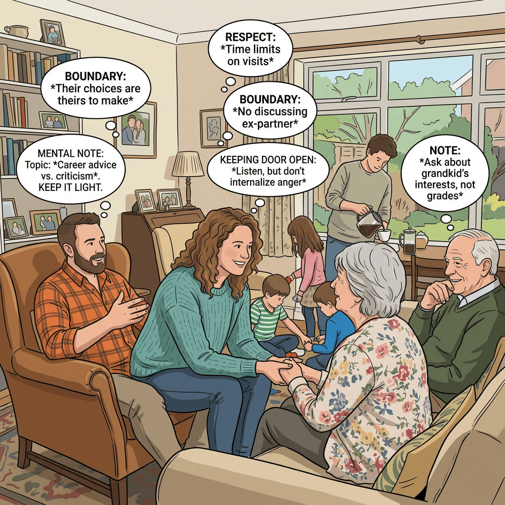 Family gathering with text: "BOUNDARY: Their choices are theirs to make"; "RESPECT: Time limits on visits"; "BOUNDARY: No discussing ex-partner"; "KEEPING DOOR OPEN: Listen, but don’t internalize anger"; "MENTAL NOTE: Topic: Career advice vs. criticism. KEEP IT LIGHT."; "NOTE: Ask about grandkid’s interests, not grades."