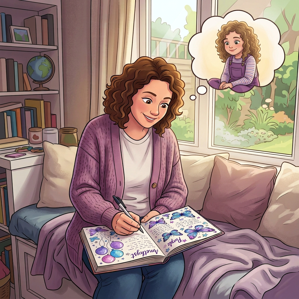Mother and daughter decorating a butterfly journal on a cozy window seat